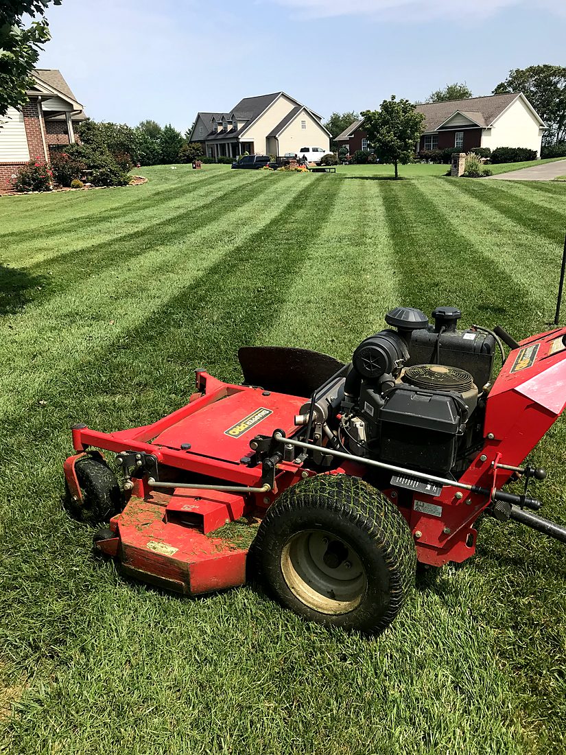 Walk-behind mower laying fresh stripes across a lawn